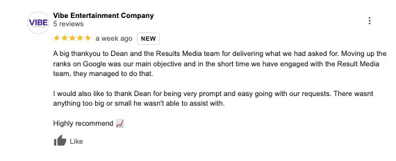Vibe Entertainment 5-star Google review — moving up the ranks was main objective