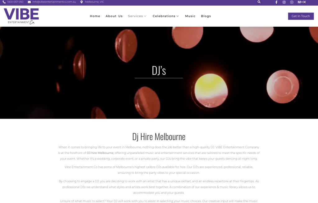 DJ Hire Melbourne landing page on vibeentertainmentco.com.au