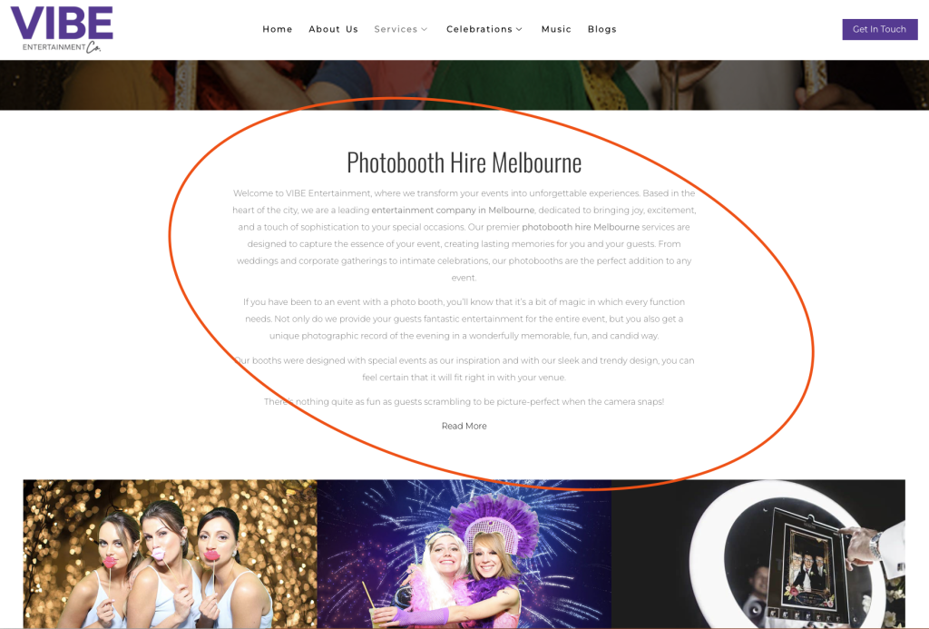 Photobooth Hire Melbourne landing page on vibeentertainmentco.com.au