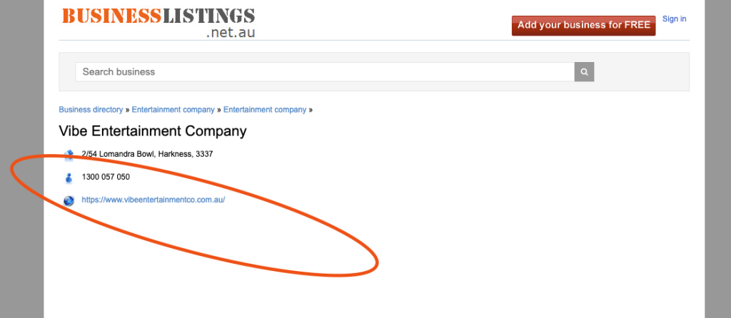 Vibe Entertainment Company directory backlink on BusinessListings.net.au