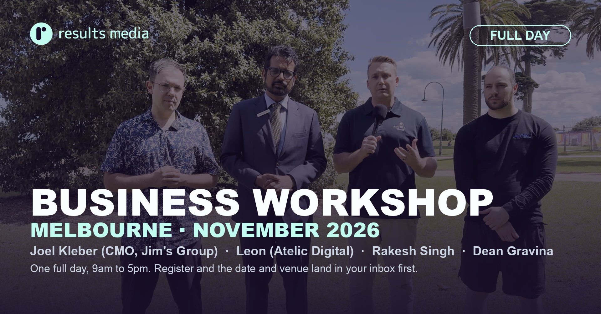 Joel Kleber, Leon, Rakesh Singh and Dean Gravina, the four speakers at the Melbourne business workshop