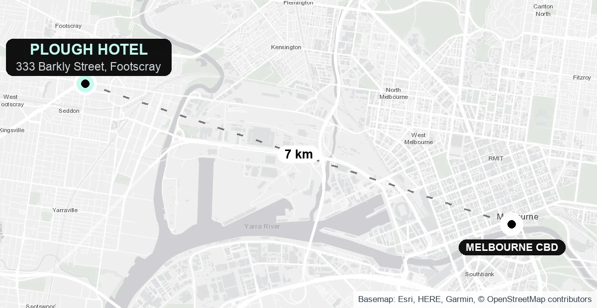 Map of inner western Melbourne showing the Plough Hotel in Footscray, seven kilometres west of the Melbourne CBD