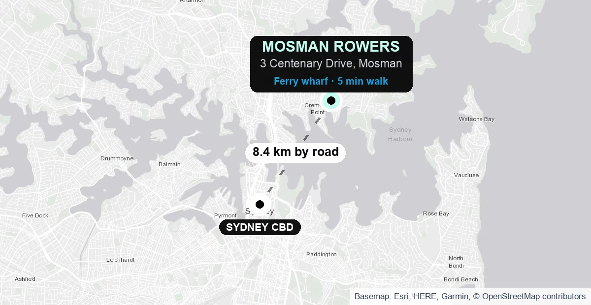 Map of Sydney Harbour showing Mosman Rowers at Mosman Bay on the lower north shore, across the harbour from the CBD